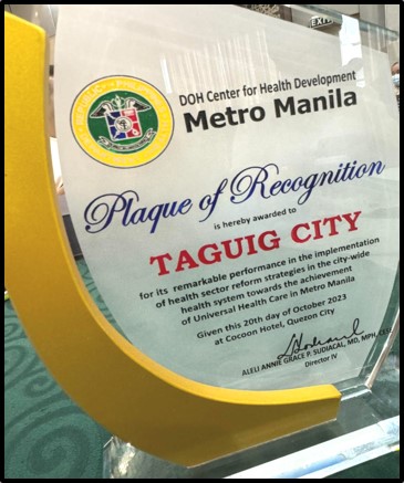 Plaque of Recognition for 2022 LGU Health Scorecard Implementation from the DOH-Metro Manila Center for Health Development (DOH-MMCHD)