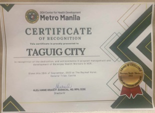 Certificate of Recognition of the Department of Health Center for Health Development to the Dedication to Program Management and Development for Barangay Health Workers
